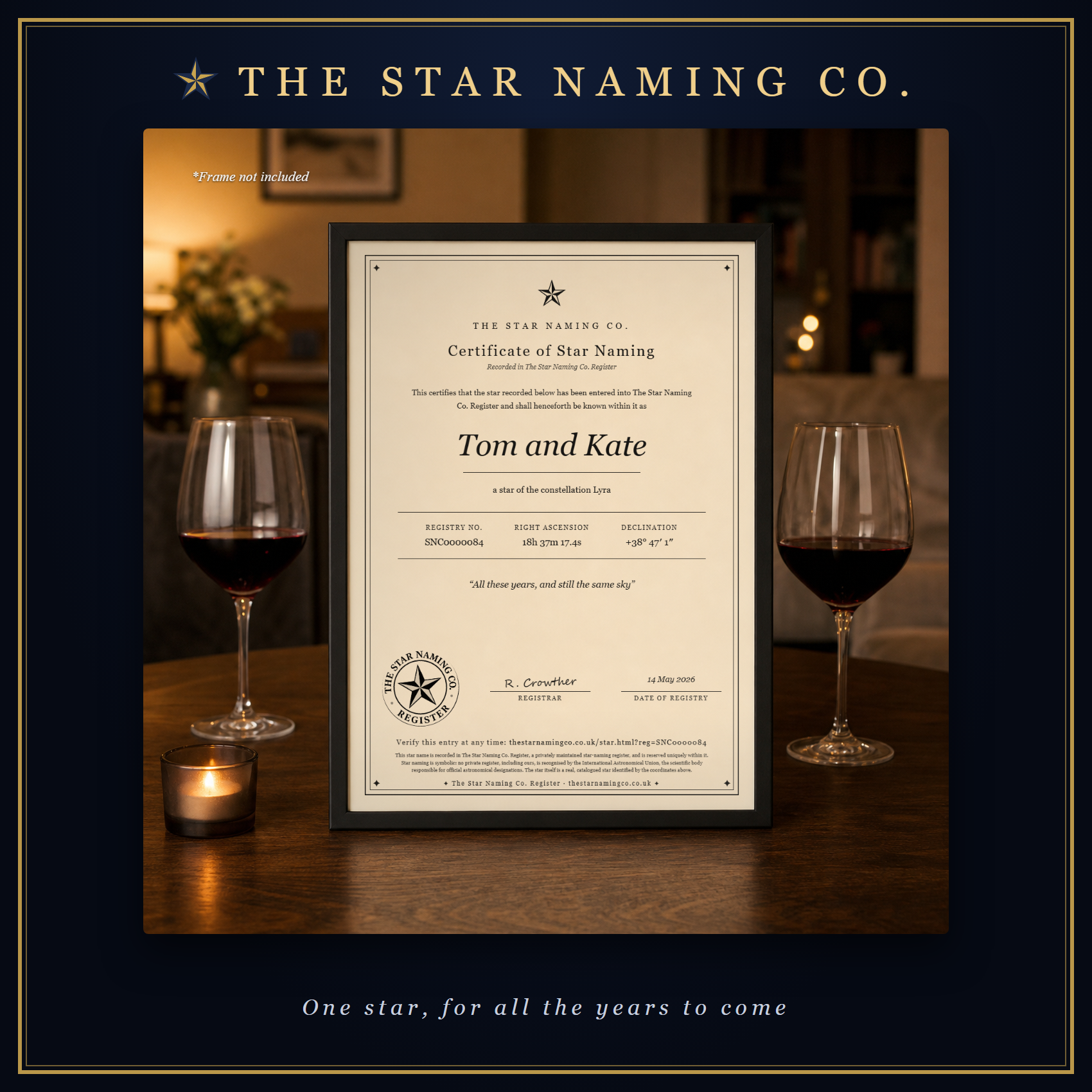 A framed Certificate of Star Naming for Tom and Kate between two glasses of red wine by candlelight, in The Star Naming Co. frame.