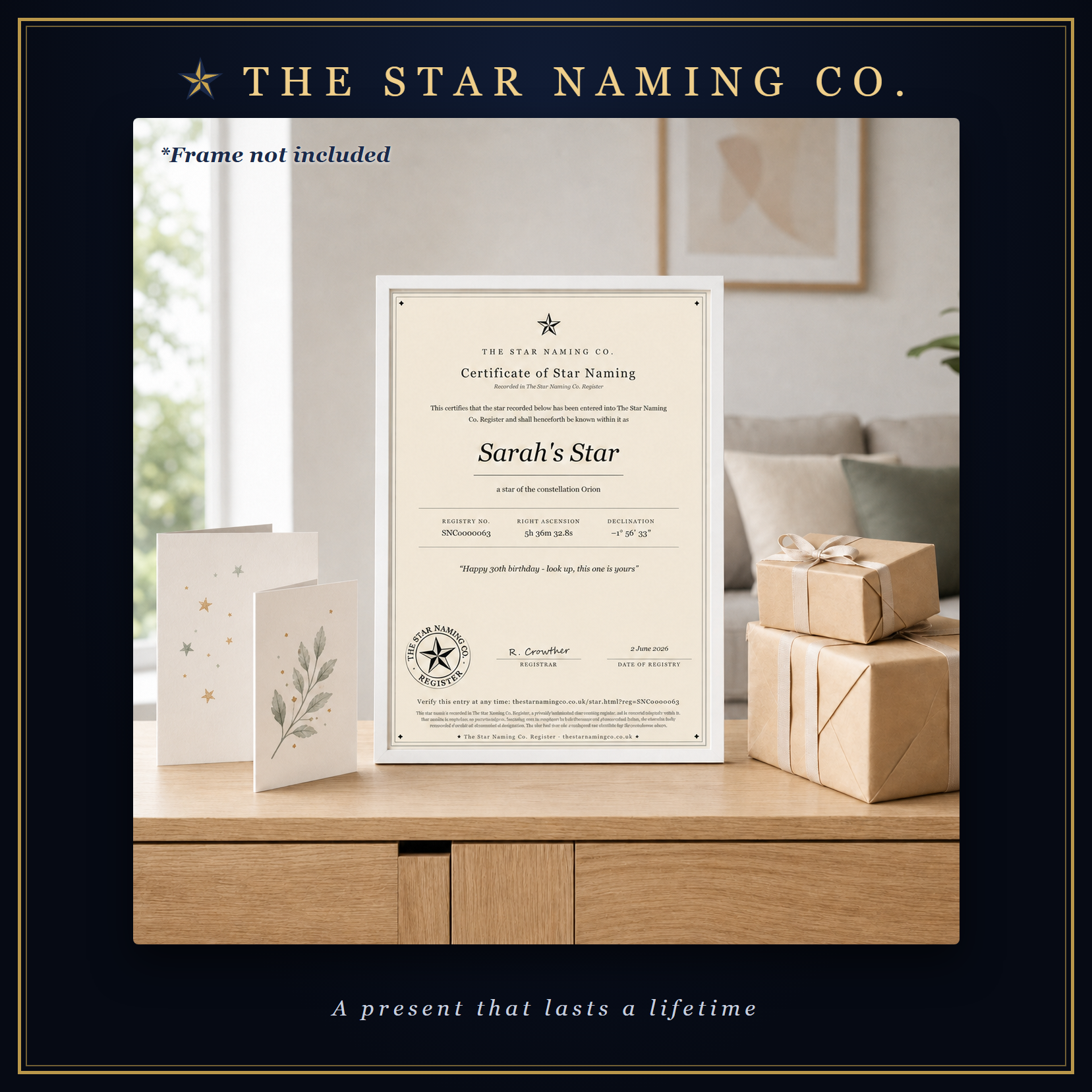 A framed Certificate of Star Naming for Sarah&rsquo;s Star on a sideboard beside a card and wrapped gifts, in The Star Naming Co. frame.