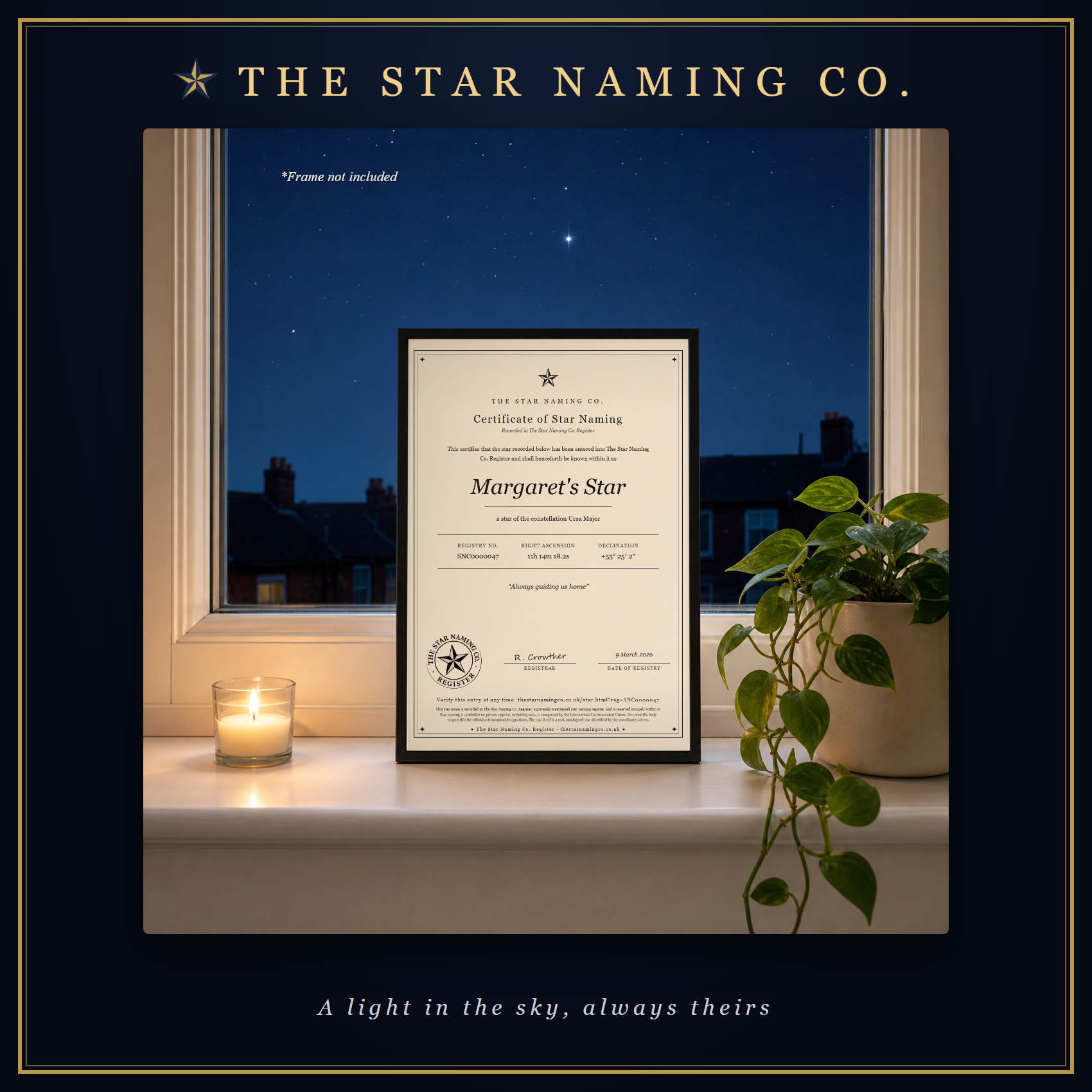 A framed Certificate of Star Naming for Margaret&rsquo;s Star on a windowsill at night, a candle lit beside it and a star visible through the window, in The Star Naming Co. frame.