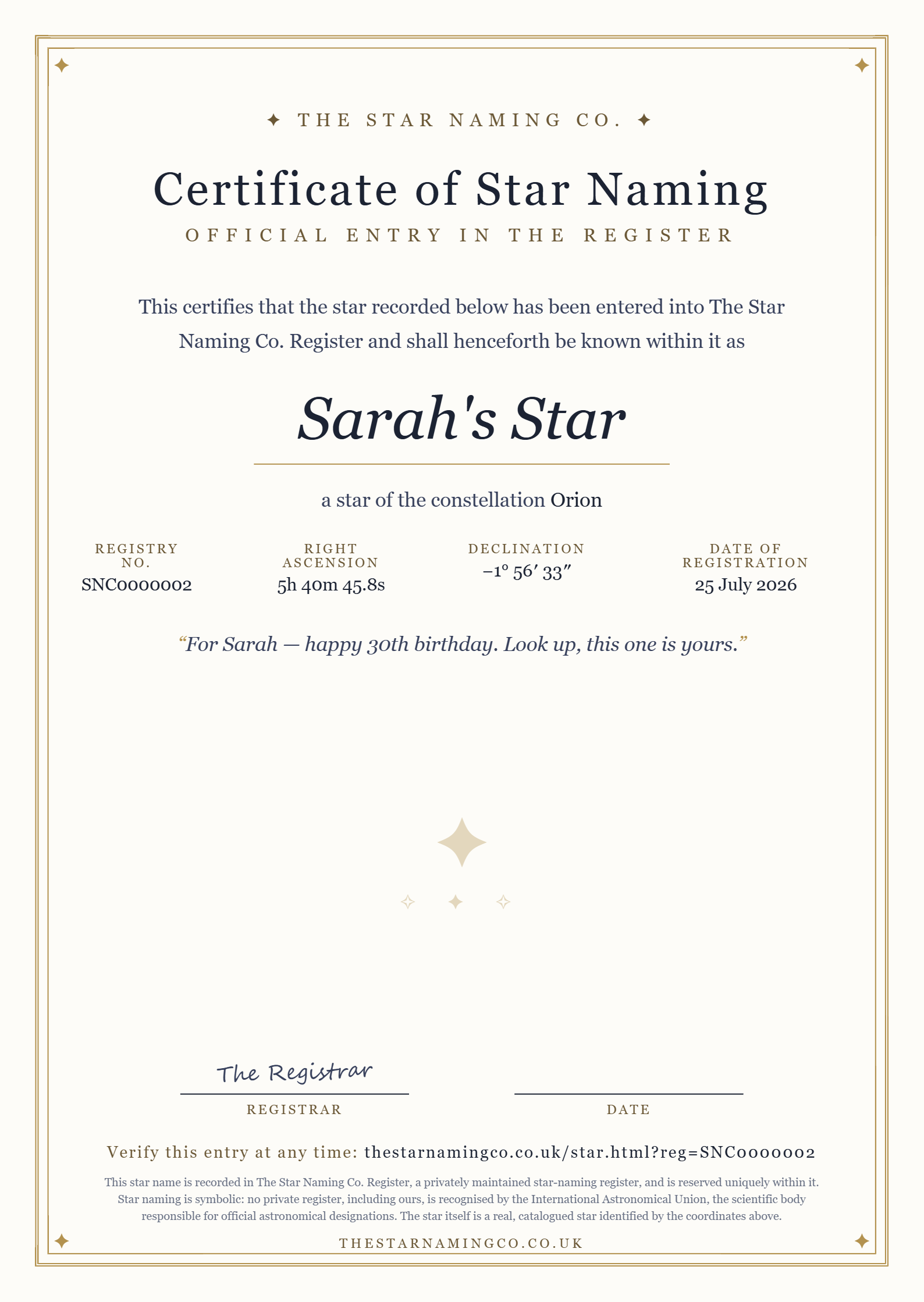 Personalised A4 star naming certificate with star name, registry number and coordinates