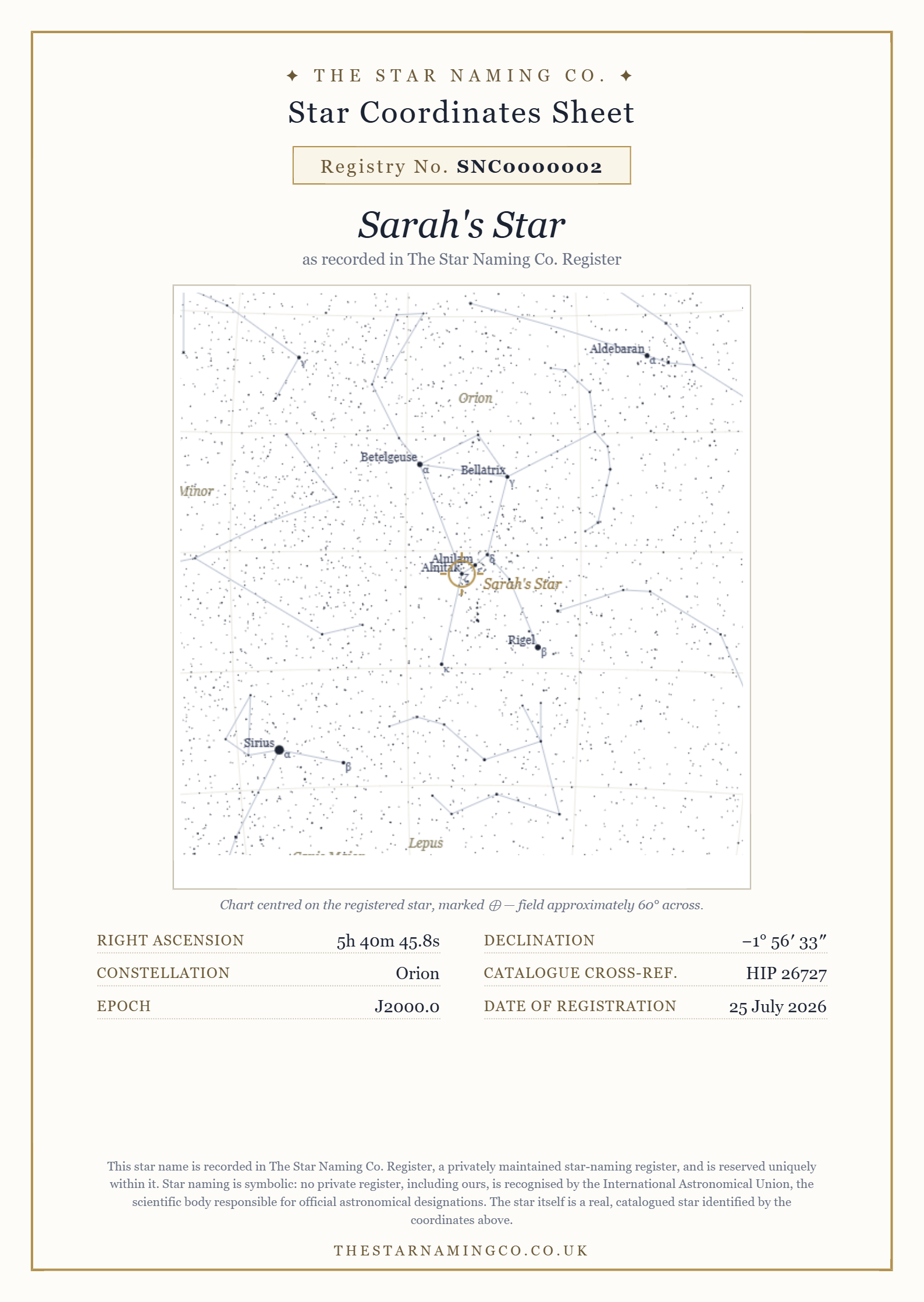 A4 star coordinates sheet with a printed sky chart pinpointing the named star