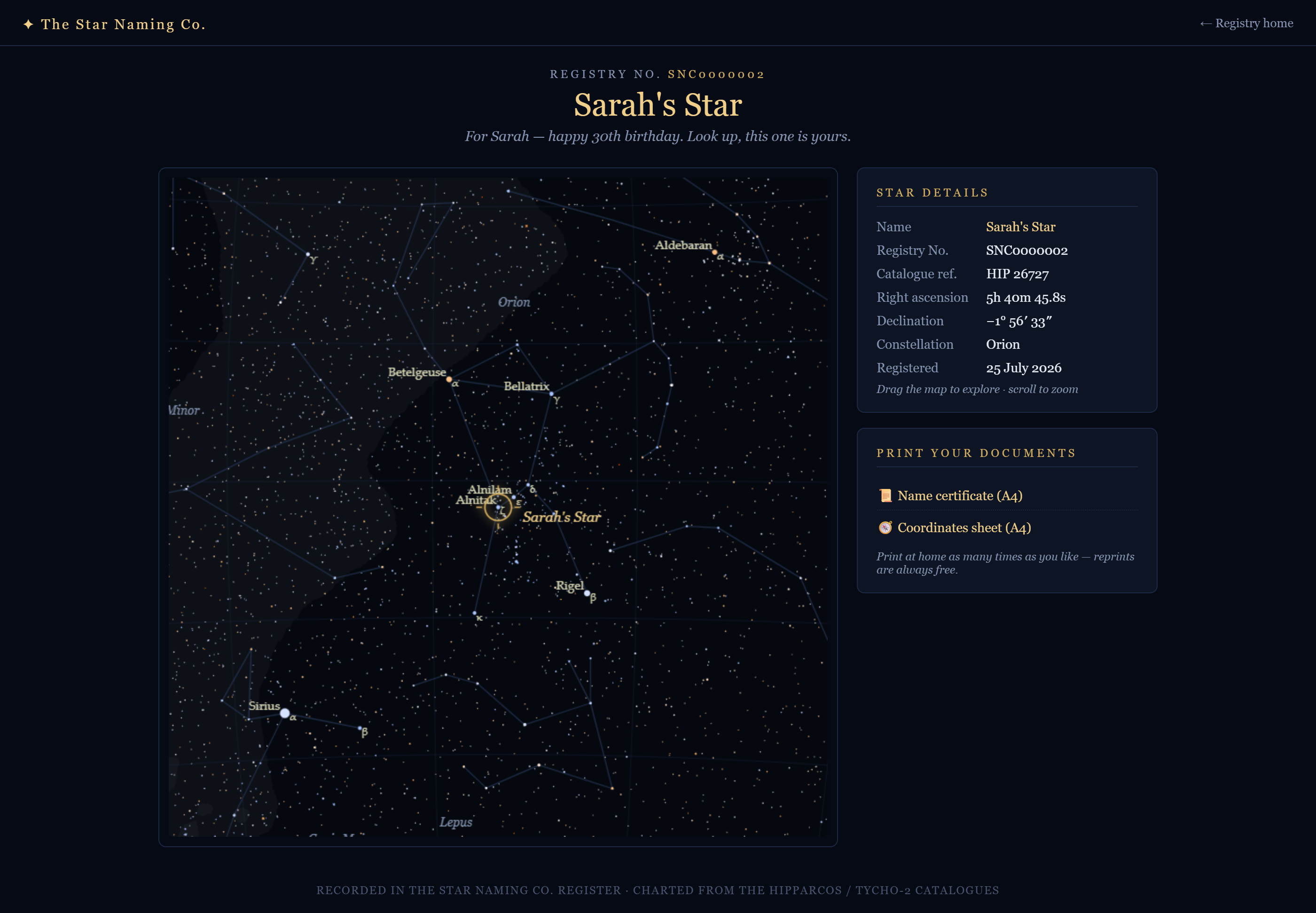 Live online star viewer showing the named star in its constellation
