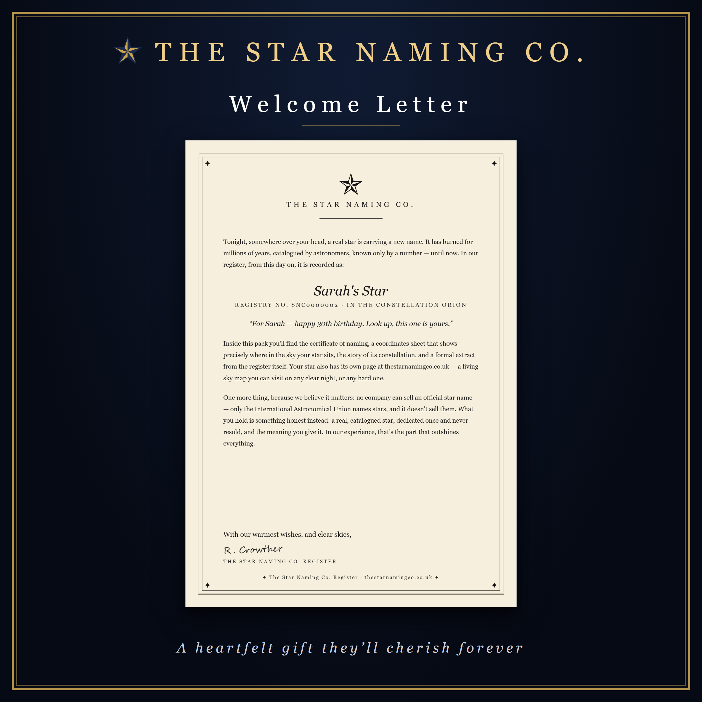 Personalised welcome letter