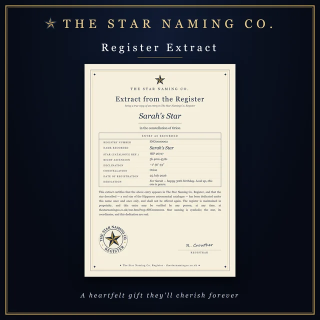The sealed extract from The Star Naming Co. Register, listing the star's entry